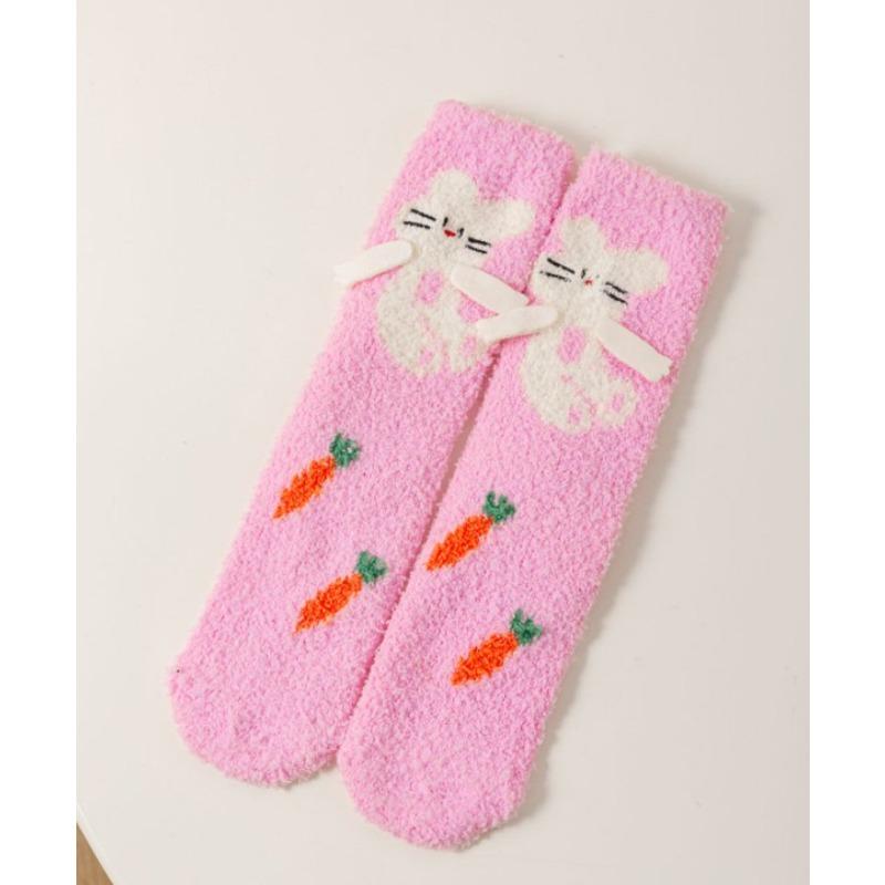 Autumn and Winter Coral Fleece Socks, Women's Cartoon Socks, Half-fleece Thickened Home Floor Socks, Sleeping Socks, Mid-calf Women's Socks