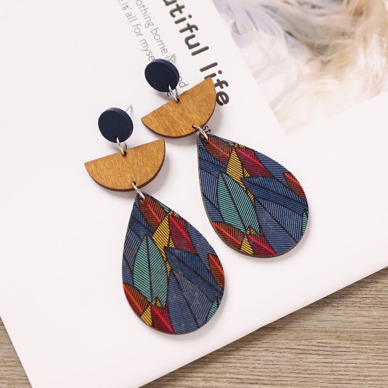 Bohemian Wood Stud Earrings Niche Design Geometric Stripe Print Earrings Femininity Personality Earrings