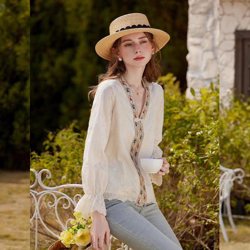 Elegant V-Neck Embroidered Lyocell Blouse