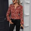 New European and American Women's V-neck Printed Lantern-sleeve Long-sleeve Shirts