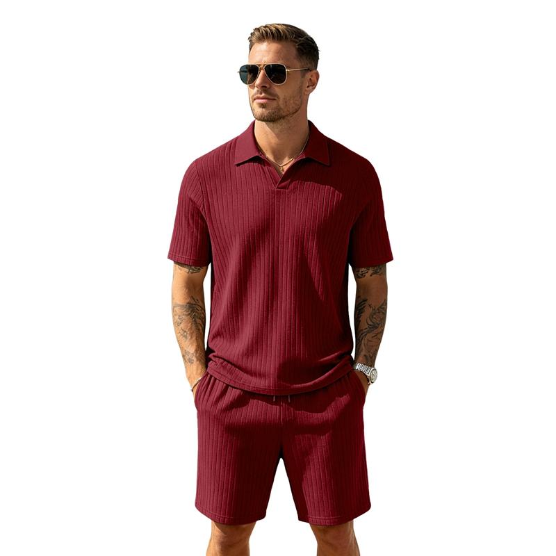 Men's Summer Beach Outfits 2 Pcs Jacquard Knit Lounge Short Sleeve Shirts and Shorts Vacation Texture Sets
