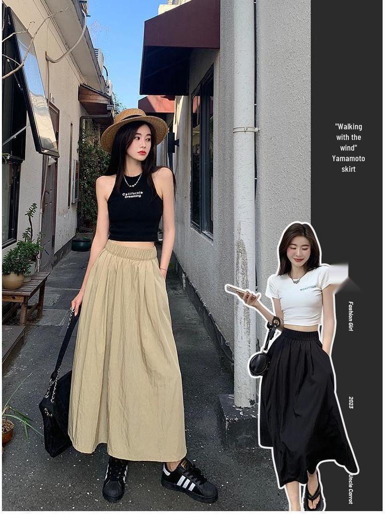 Yamamoto High-Waisted Pleated Long Skirt - Slimming, Solid Color, Versatile Japanese Casual Summer Style