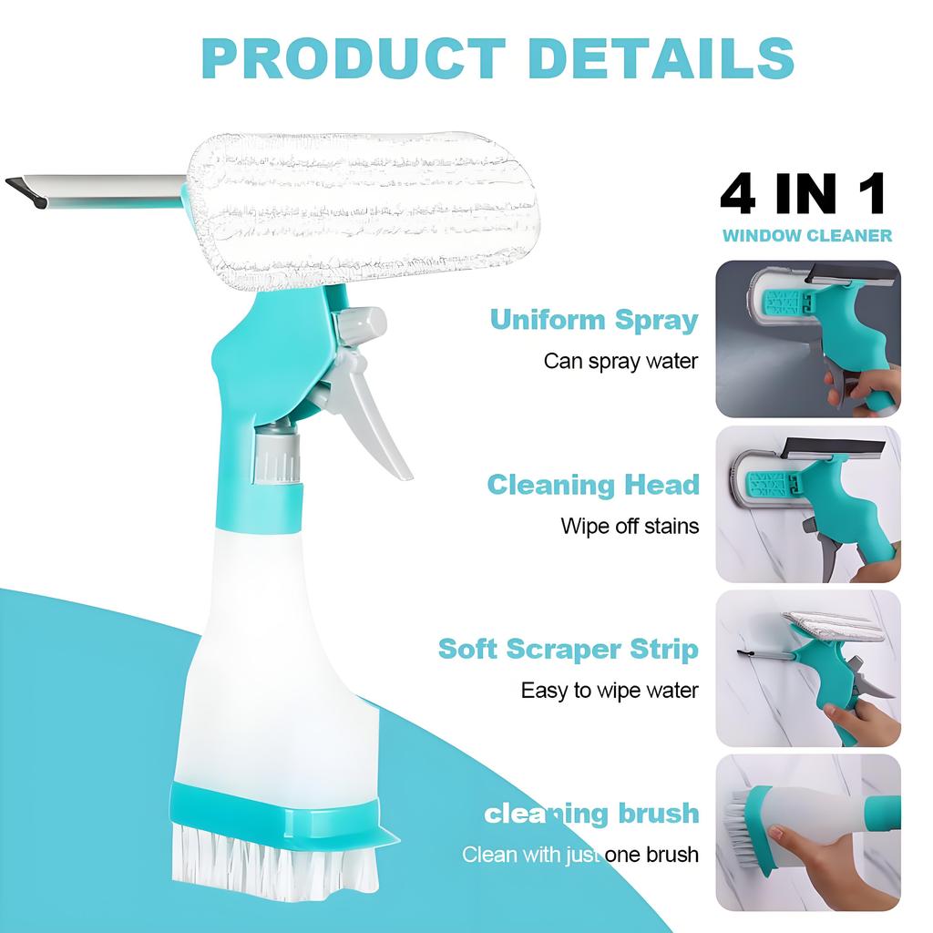 All-in-One Streak-Free Window Cleaner Tool | Built-in Sprayer for Glass/Mirrors/Tiles | Professional-Grade Indoor & Outdoor Use