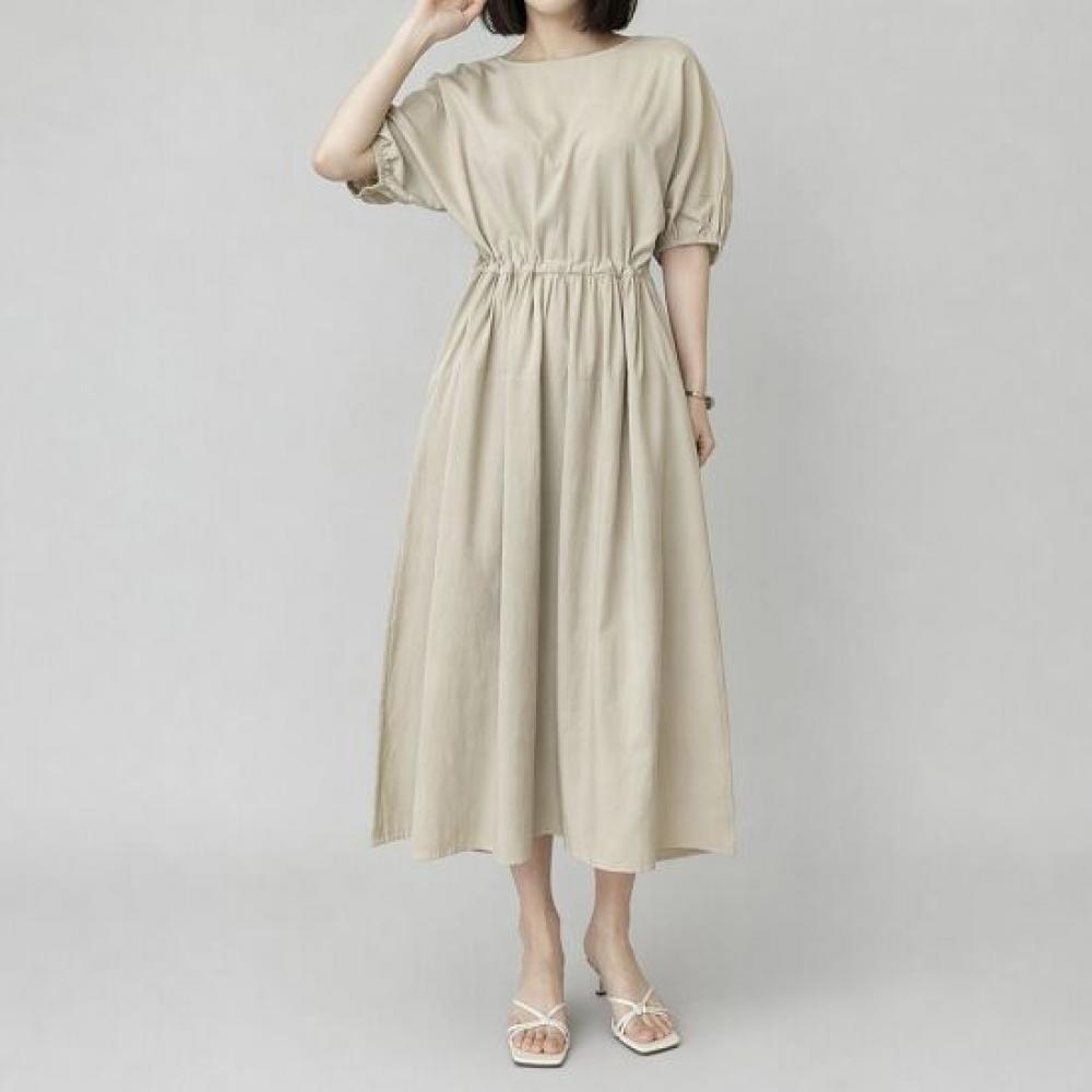 Mizqz Round Neck Waist String Shirring Short Sleeve Long Dress