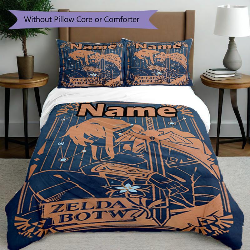 3pcs Duvet Cover Set (1*Duvet Cover + 2*Pillowcase, Without Core), Custom Name The Legend of Zelda Pattern Bedding Set, Home Bedroom Decor Gift