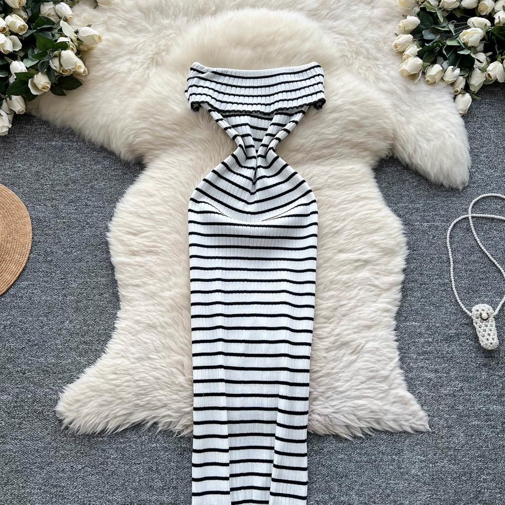 Summer Women Sexy Strapless Striped Knitted Sweater Office Work Sheath Dresses