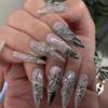 3D Hot Silver Press-On Nails with Pearlescent Mirror Powder Finish: Long Pointed Tips