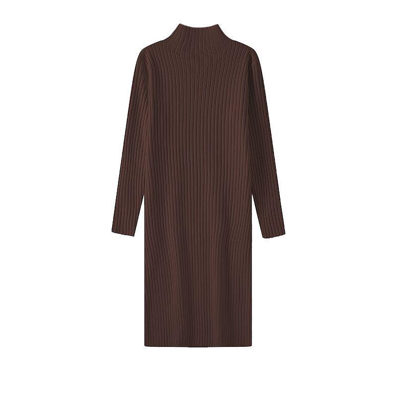 Women's Autumn & Winter Wool Knit Dress - Half-High Collar, Loose Long Sleeve, Mid-Length Base Layer Over the Knee.