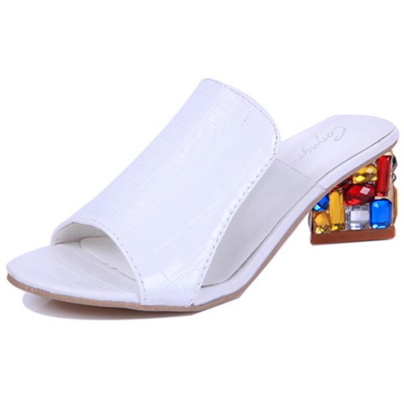 Women Block Heel Sandals Fashion Slip-On Low Heel Rhinestone Casual Sandals 35 3093₽