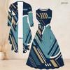 Women Plus Size Two Piece Set Geometric Printed Round Neck 3 4 Sleeve Open Cardigan Sleeveless Tie Waist Flared Dress