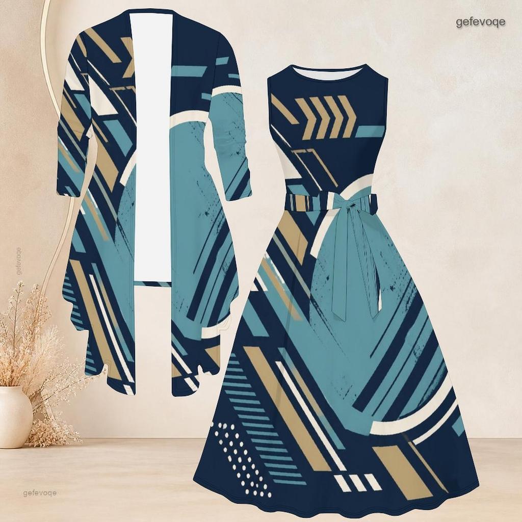 Women Plus Size Two Piece Set Geometric Printed Round Neck 3 4 Sleeve Open Cardigan Sleeveless Tie Waist Flared Dress