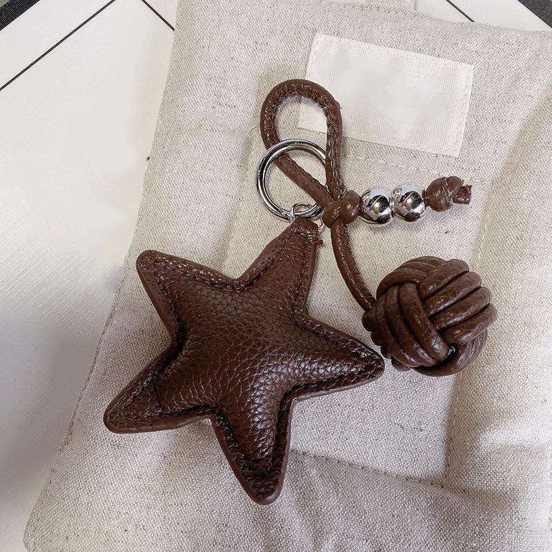 Leather Star Keychain Pentagram Car Keyring with Woven Leather Rope Ball Pendant Creative Bag Pendant Decoration for Women