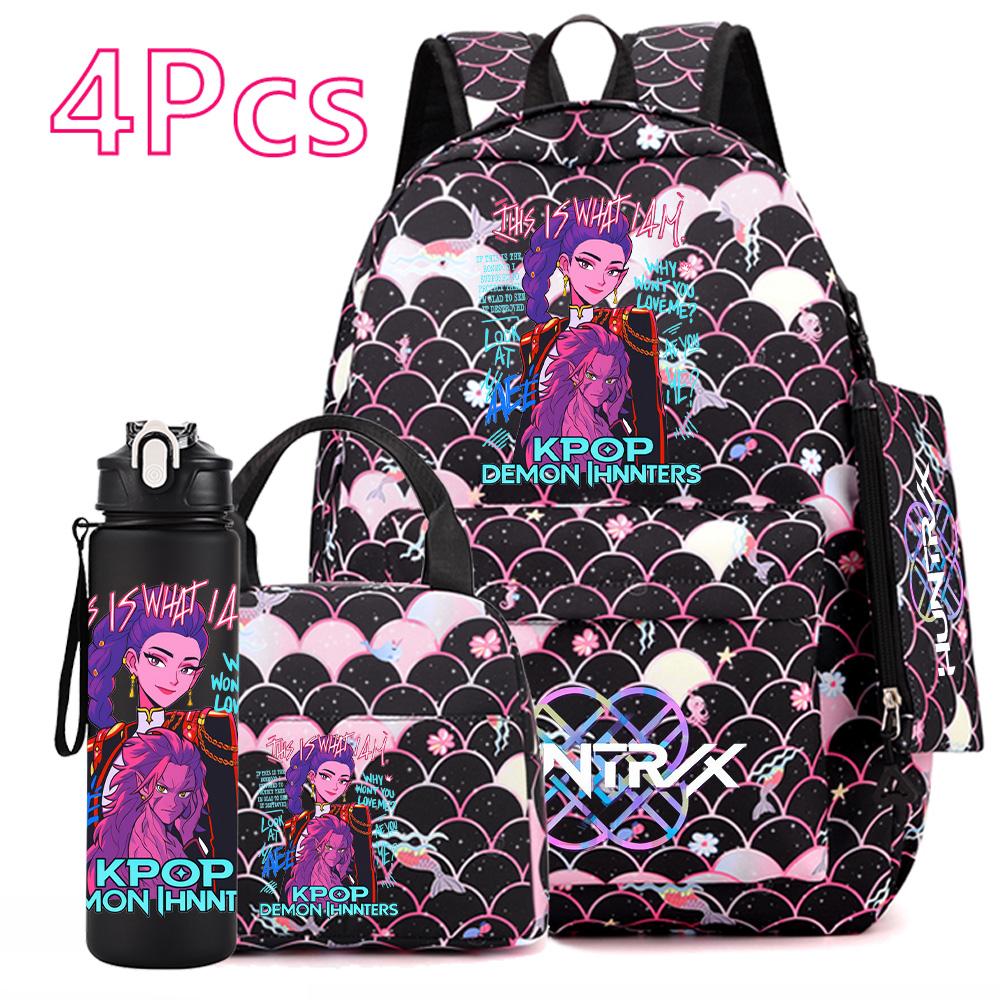 4Pcs/set Anime Cute K-POP Printed Backpack Large Capacity Bookbag HandBag Case Bag with 750ml Water Bottler Boy Girl SchoolBag Waterproof Mochila