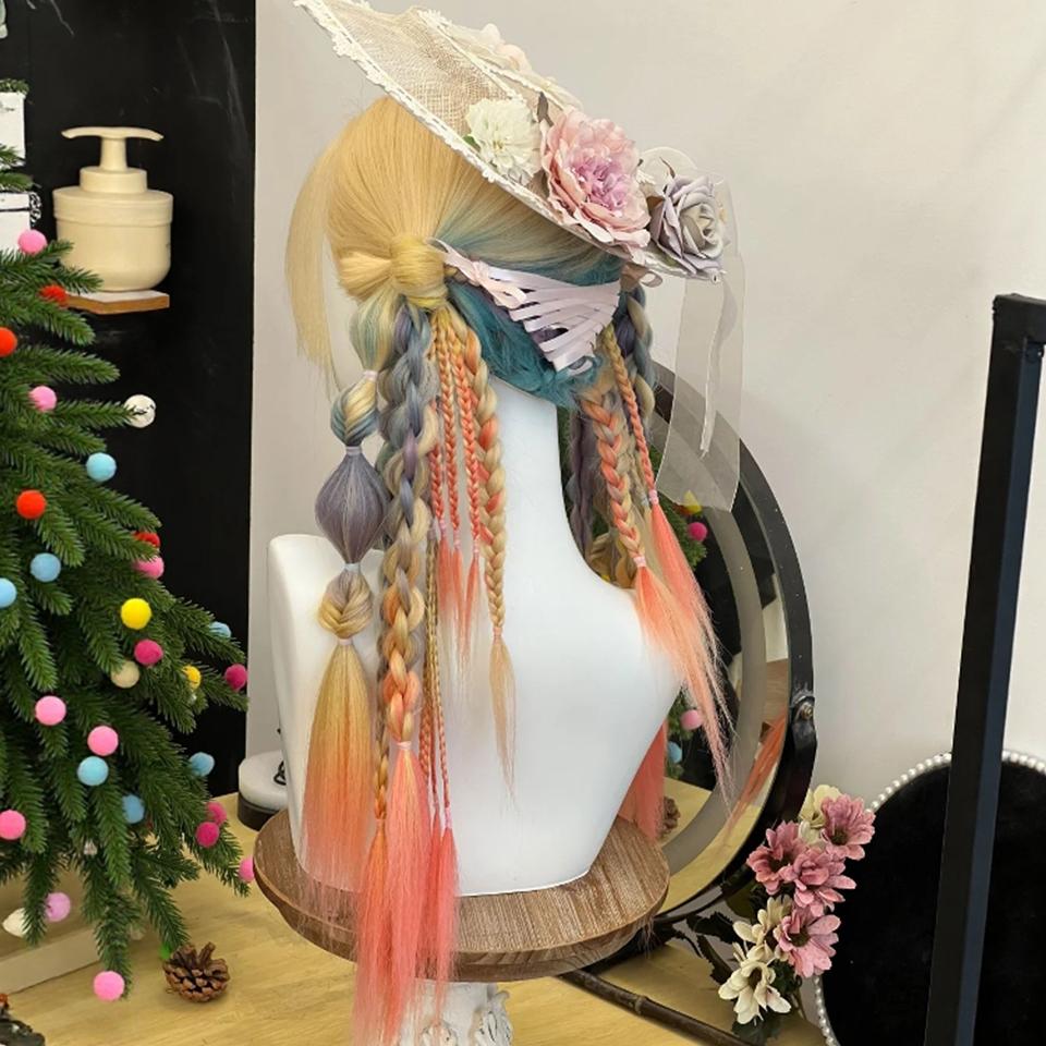 Highlighted Curly Synthetic Lolita Wig for Women Long Curly Wig with Straight Bangs Suitable for Women's Everyday Wear