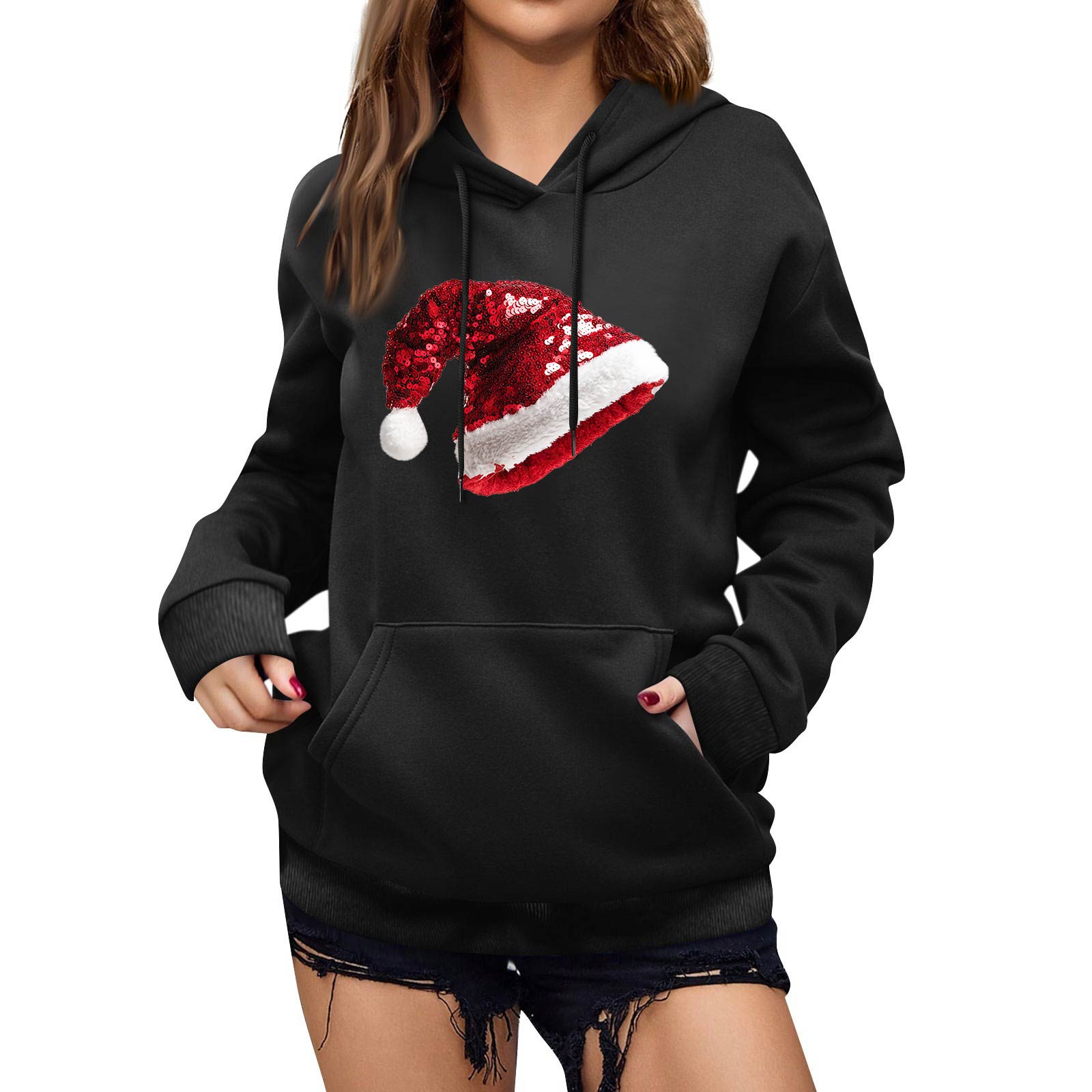 

Женская зимняя рождественская толстовка с капюшоном, флисовая, с длинным рукавом L чёрный