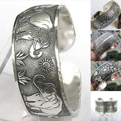 Chinesischer Stil Vintage Tibetsilber Elefant Geschnitzte Blume Geometrische Offene Armreif Manschette Breites Armband Schmuck Geschenk Für Frauen