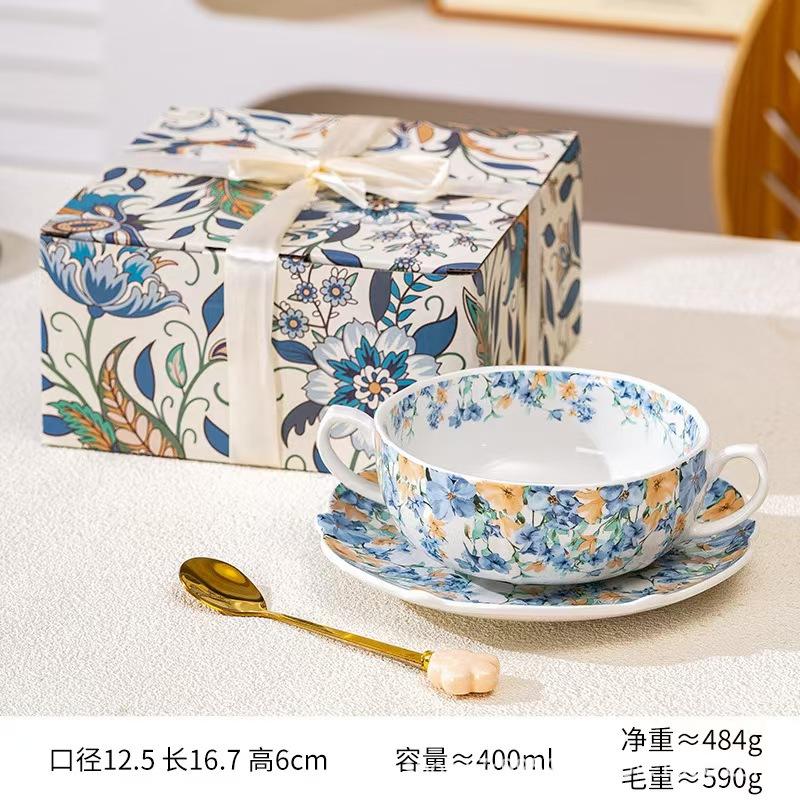 Orchidee Blau und Weiß Keramik Binaural Schalen Set, High-End Geschenke, Retro Haushaltschalen, Hochwertige Reisschalen, Knochenspuck-Schälchen