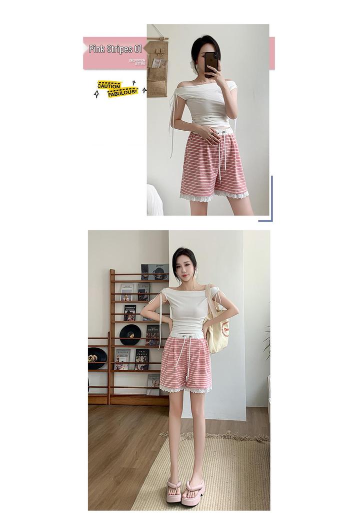 2026 New Style Striped Maternity Shorts with Lace Trim for Petite Women – Casual Wide-Leg Summer Pants Without Belly Support