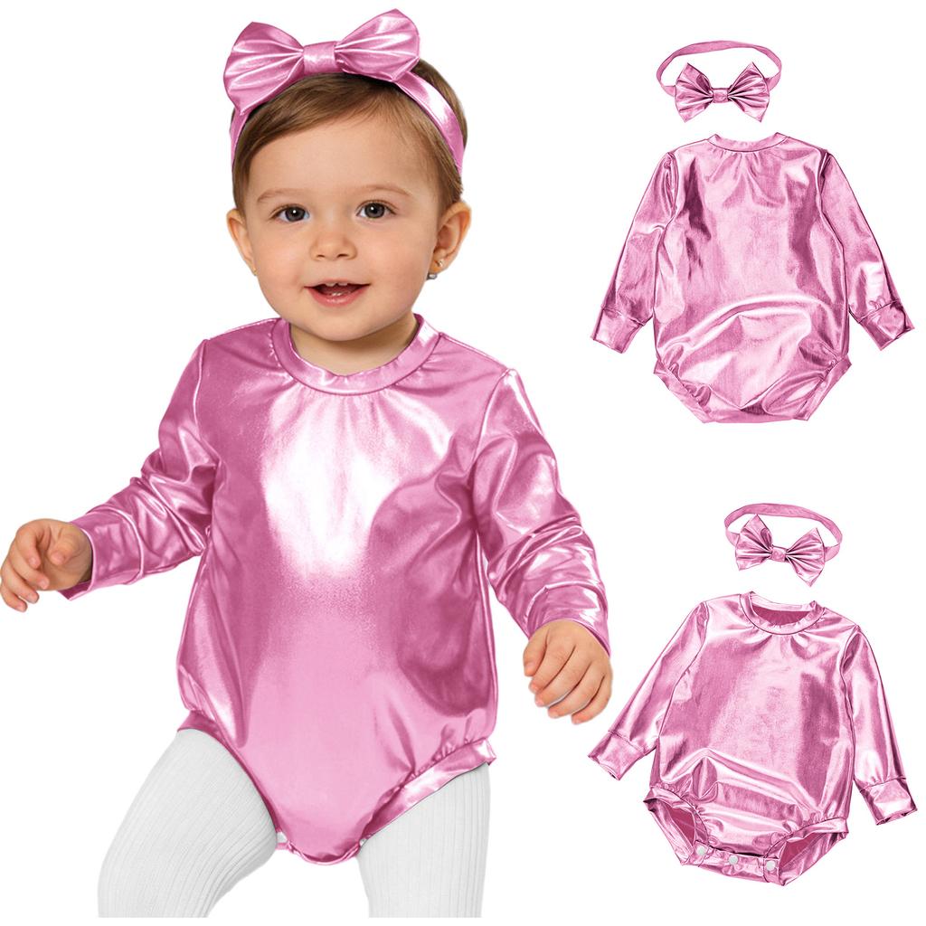 Tuta Fotografica per Compleanno Bambina Piccola: Completo Metallico Lucido a Maniche Lunghe con Bottoni a Pressione Facili e Set Fascia con Fiocco