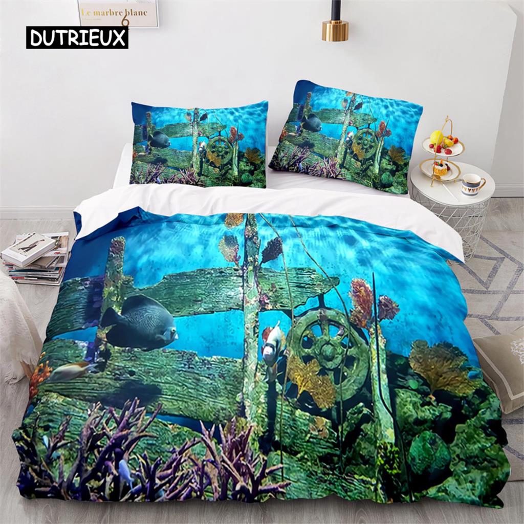Duvet Cover Ocean Underwater World Bedding Sets with Goldfish Coral Reef Quilt Cover for Kids Teens Children Bedroom Decoration