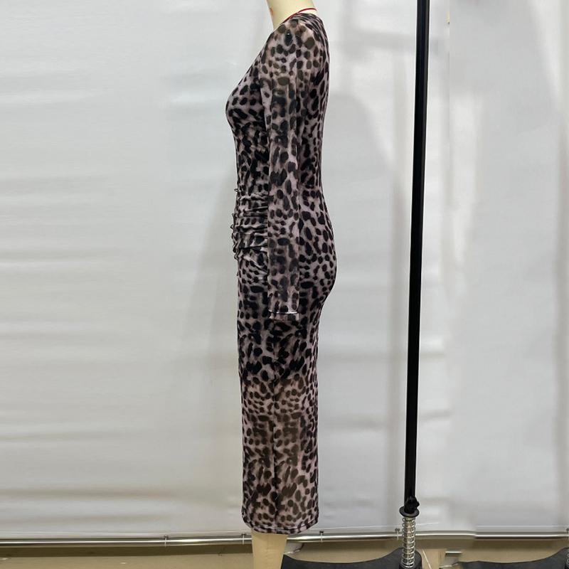 Fashion Hollow Leopard Print Sexy Evening Dress Women Long Sleeve Slim Fit Casual Party Club Dresses Women Elegant Street High Waist Long Dress 25891