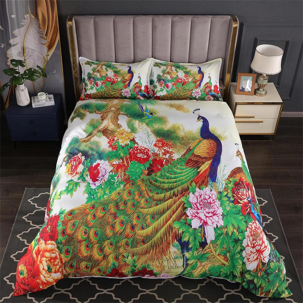 Peacock Duvet Cover Set King Size Floral Pattern Bedding Set Retro Peacock Feather Floral Theme Comforter Cover Luxury Quilt Set