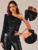 Allegra K Shiny Sequin Puff Sleeve Long Shimmer Size L Women's One-Shoulder Top, Black,