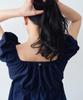 KNIZURE Puff Sleeve Shirred Blouse_Navy