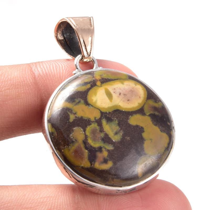 Natural Peanut Wood Jasper 925 Sterling Silver Jewelry TwoTone Pendant 1.7" r6Z13