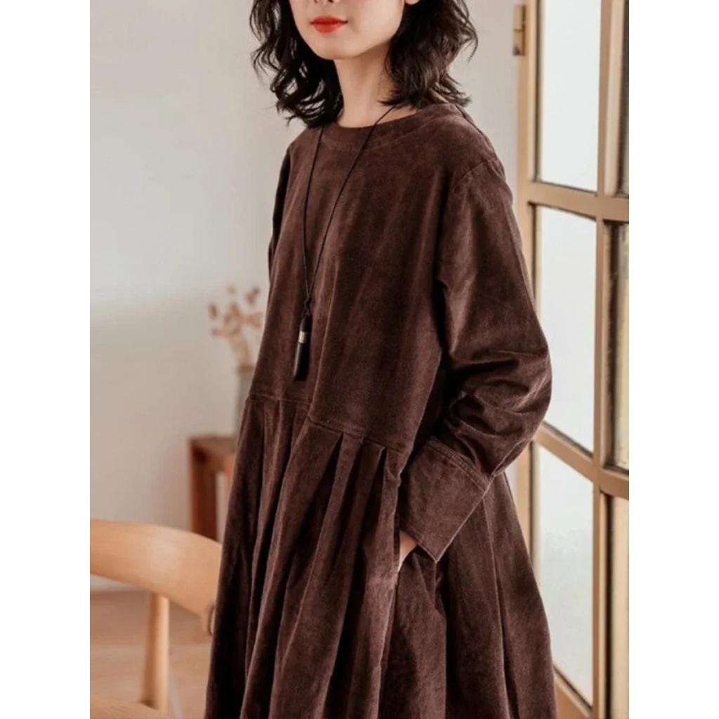 LYRIA Dress for Women Autumn Winter Japanese Korean Fashion Loose Casual Corduroy Clothing  Vintage Elegant Long Sleeve A-line Dress