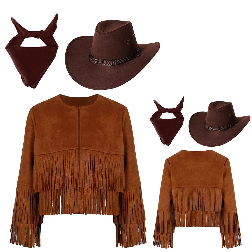 Kids Western Cowboy Fringe Vest 3Pc Set with Hat & Bandana, Unisex Cowgirl Costume for Halloween & Dress Up Party