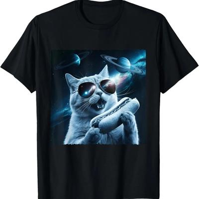 Cat Eating Hotdog In Space Calaxy Cat Howling At The Moon T-Shirt