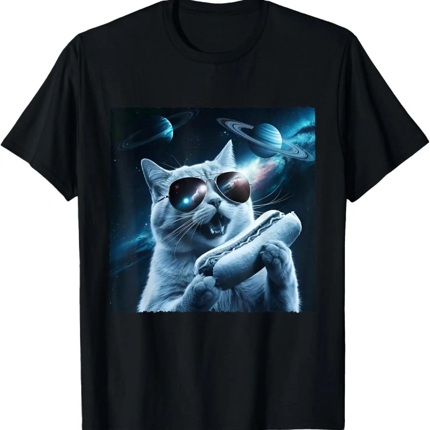 Футболка с принтом Кот ест Хот-дог в Космосе Галактический Кот Воет на Луну S
