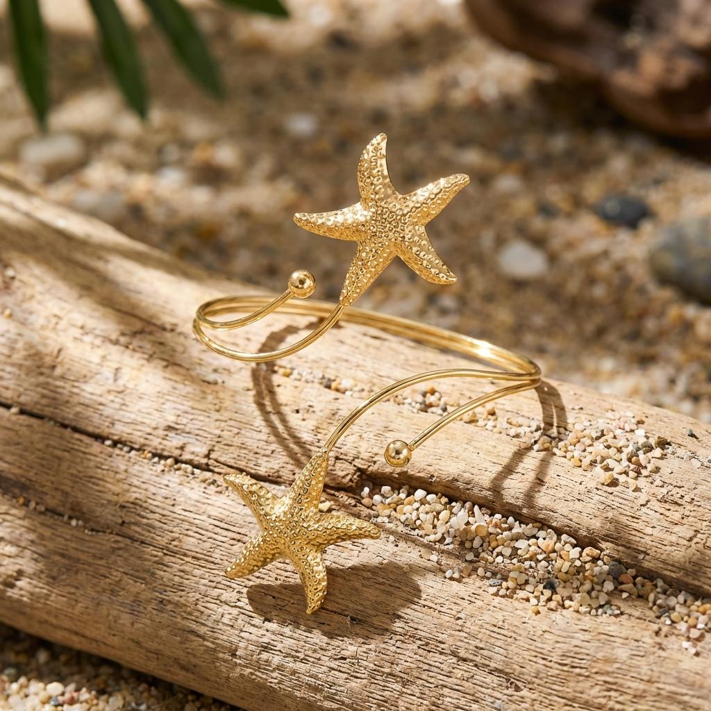 Sexy Spiral Starfish Arm Cuff for Women Gold Color Coil Upper Arm Bracelet Bangle Adjustable Beach Festival Body Jewelry