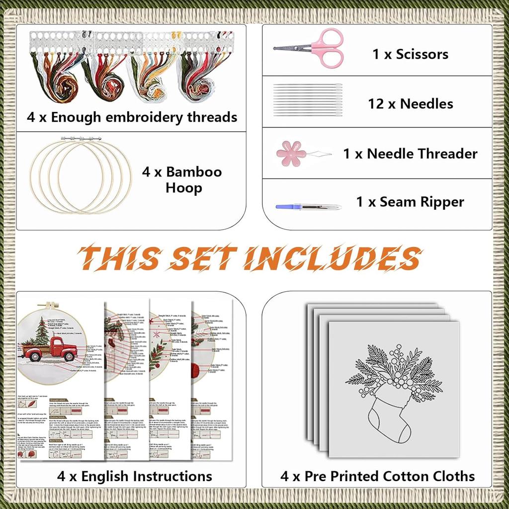4 Sets Christmas Embroidery Kit for Beginners Cross Stitch Kits Needlepoint Kits for Adults with Pattern Needles Threads Tools