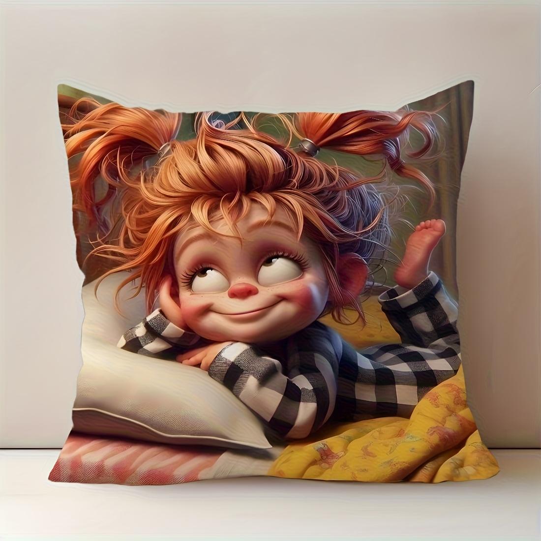 

2D flat- Cute Cartoon Pippi Longstocking Style Girl Throw Pillow Cover Cozy Home Decor Cushion Case for Bedroom Living Room Sofa 45x45cm-1pcs