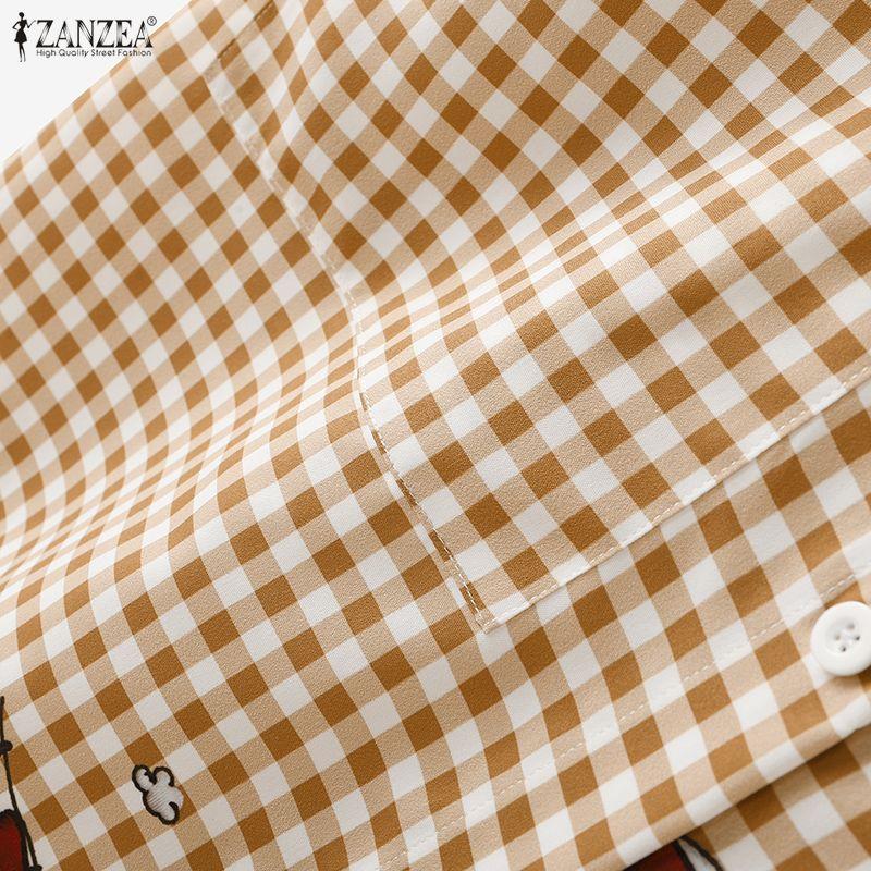ZANZEA Women Casual Turn Down Collar Loose Short Sleeve Plaid Print Blouse