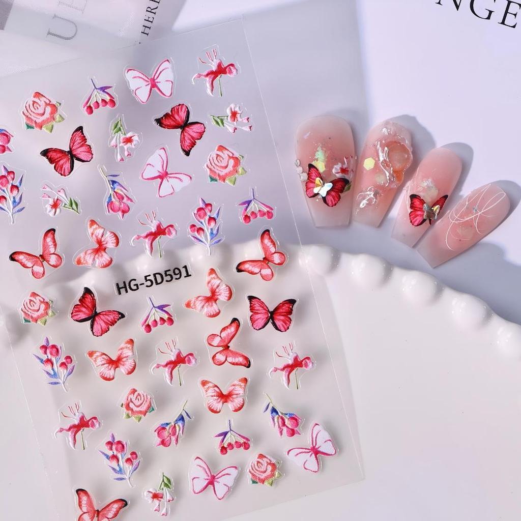 5D Butterfly Rose Flower Nail Art Stickers - 3D Flat Back Adhesive for Versatile DIY Designs