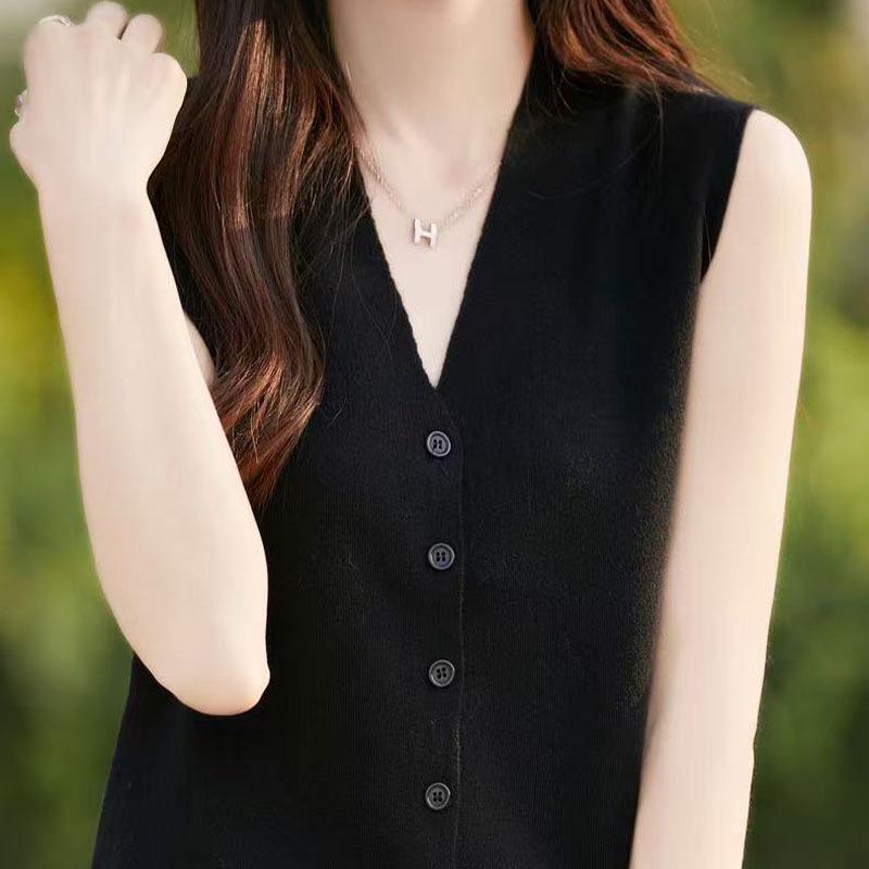 2025 Summer Women's Ice Silk Sleeveless Cardigan Vest with Buttons