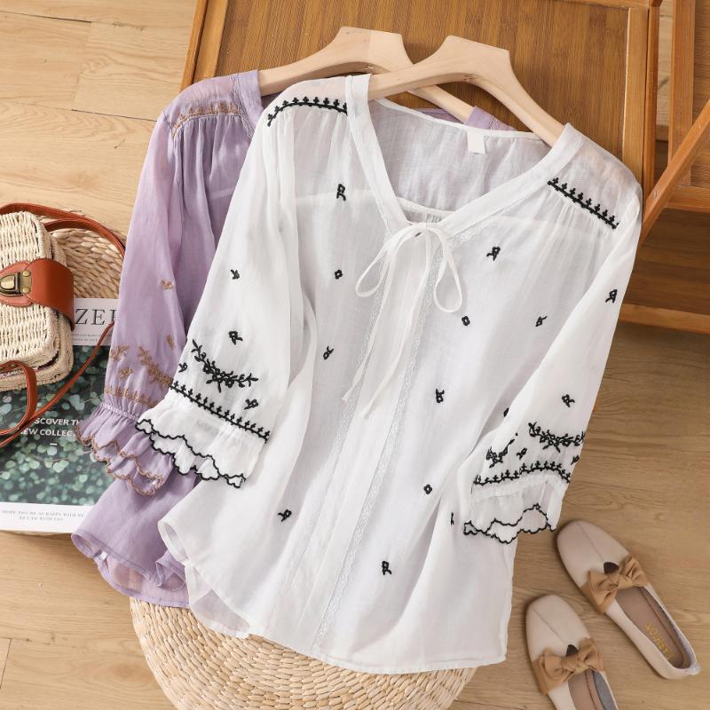 

DIMANAF 2023 Женская летняя этническая вышивка Рами Топ Женская летняя универсальная кружевная рубашка с коротким рукавом с V-образным вырезом тонкая