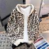 American Style Leopard Print Knit Zip Hoodie Loose Fit Warm Sweatshirt Men Women