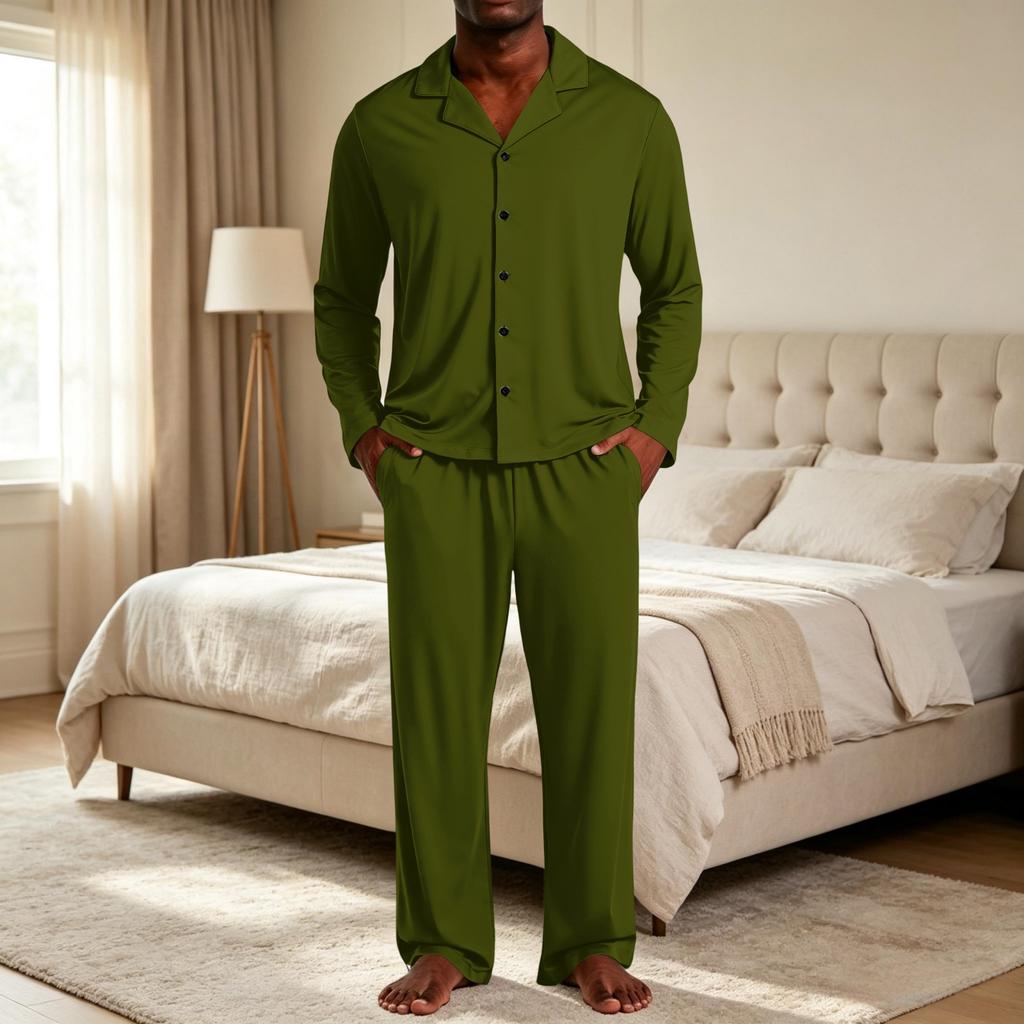 Herren-Pyjama-Set mit Reversknopfleiste und gerader Hose - Farbe Lockere Passform Nachtwäsche