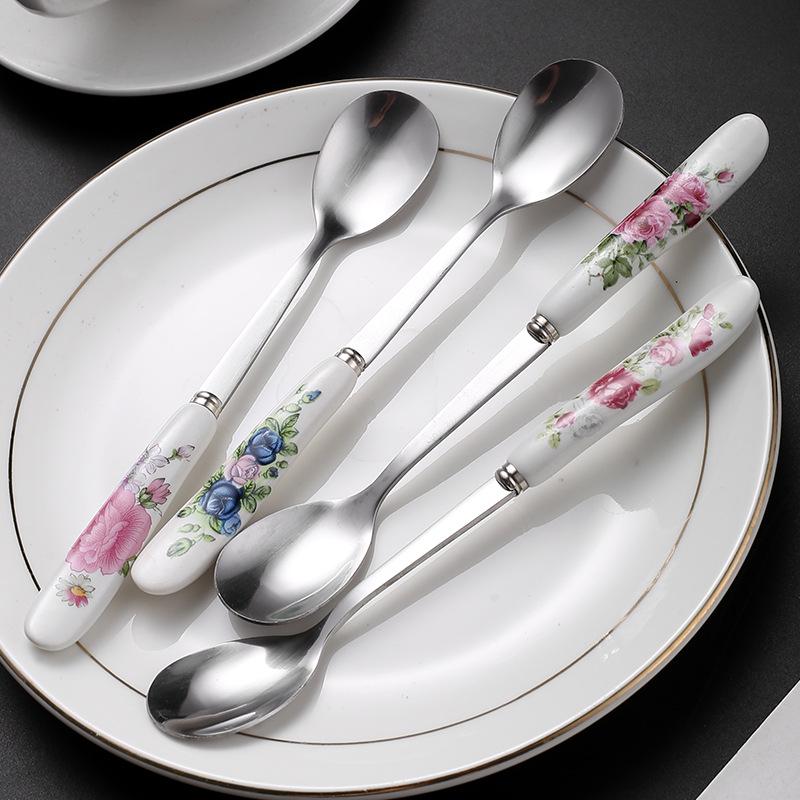 Creative Multi-Color Ceramic Mixing Spoon with Long Handle & Stainless Steel Glaze