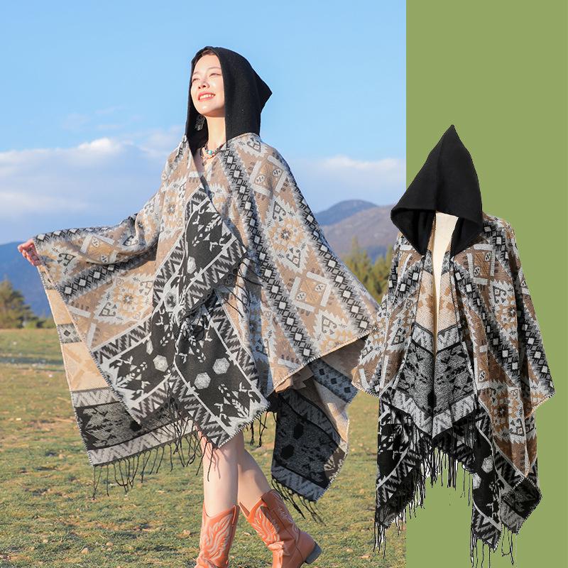 Women's Ethnic Style Hooded Shawl Cloak, Geometric Design for Autumn/Winter, Ideal for Tibet, Qinghai, Yunnan Travel