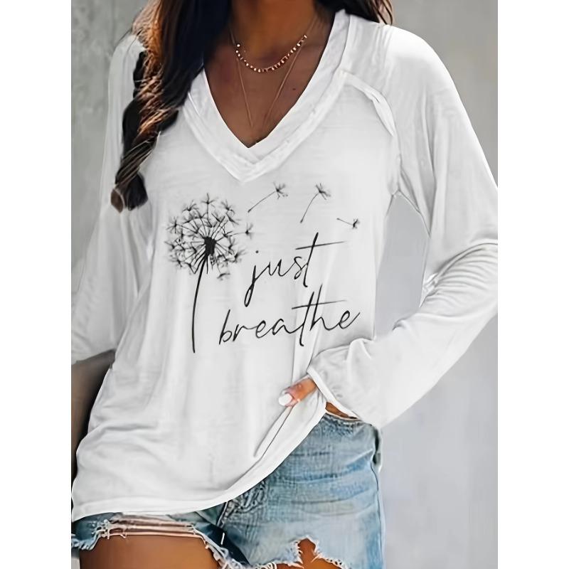 Dandelion print V-neck T-shirt casual long-sleeved top