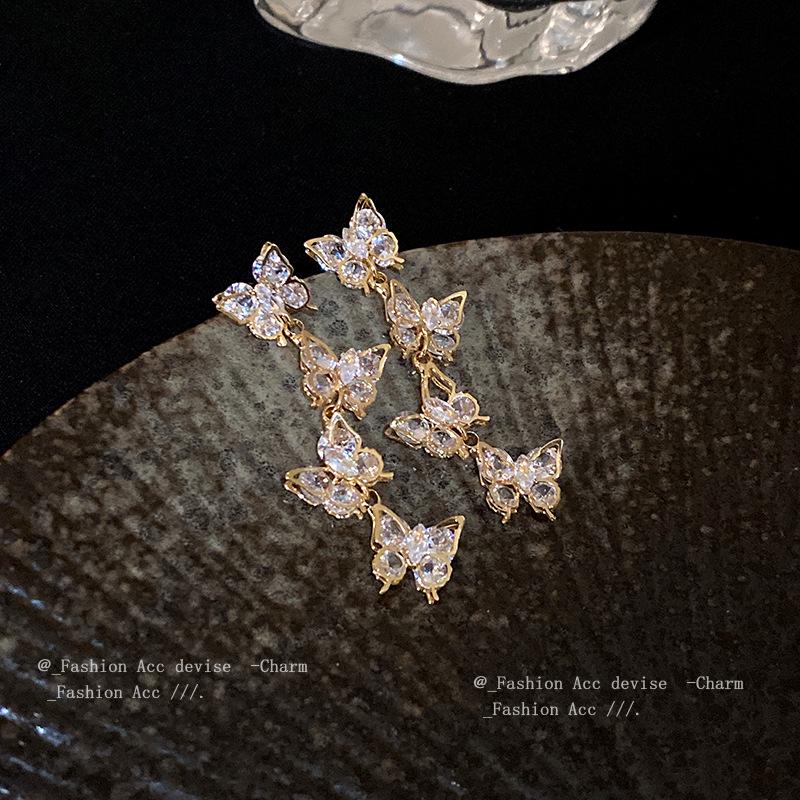 Silver Needle Zircon Butterfly Tassel Earrings - Creative Fashion Dangle with Light Luxury Ins Style