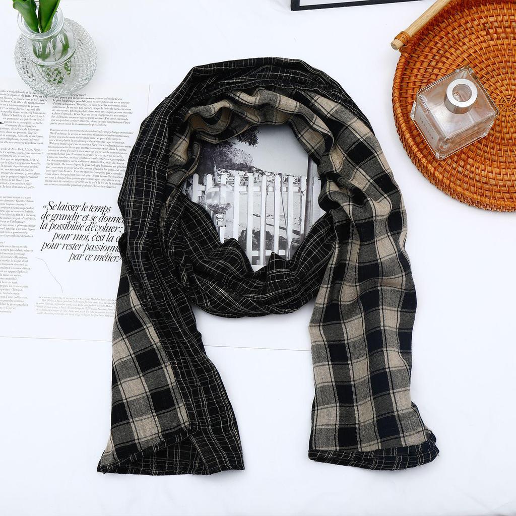 Korean Retro Plaid Cotton Linen Scarf - Double-Sided, Versatile Neck Warmer for Men & Women, Autumn/Winter
