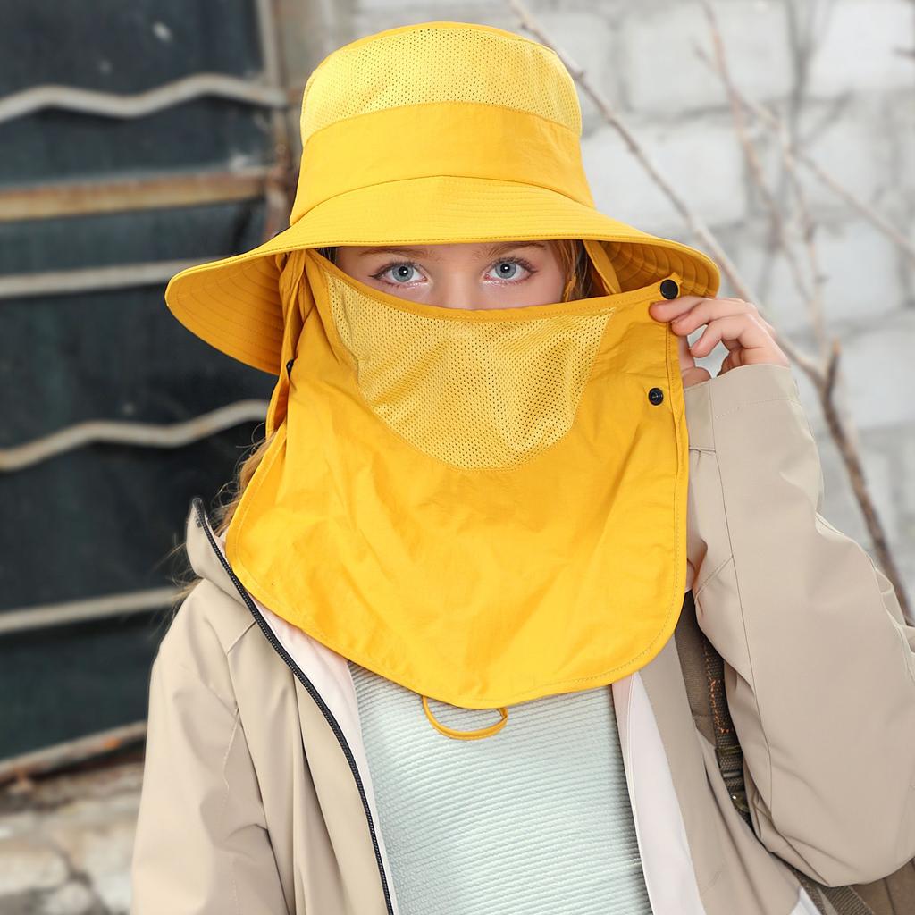Full cover face sunscreen mask outdoor UV protection bucket hat summer breathable big brim shawl sun hat