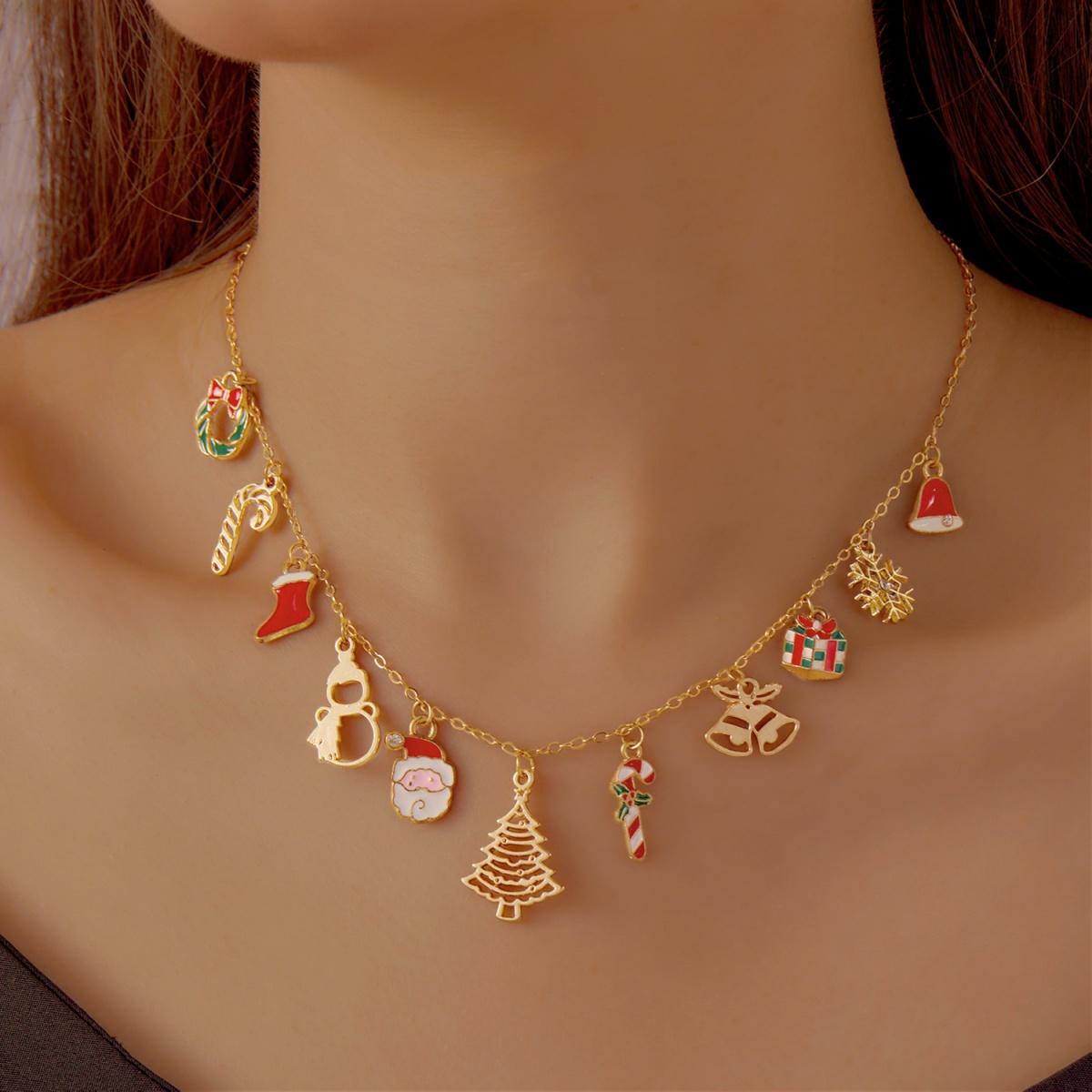 

Christmas Tree Snowman Cane Wreath Snowflake Reindeer Sleigh Bell Pendant Necklace For Women Men Holiday Choker Jewelry Gifts