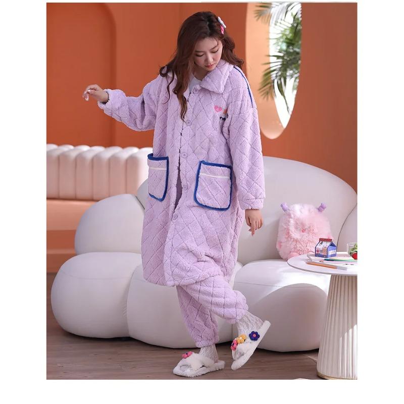 

Коралловый флисовый пижамный комплект для женщин, осень-зима, ночная рубашка средней длины, брюки, простой утолщенный теплый халат, милая милая ночная рубашка XL фиолетовый